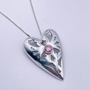 Hasla Norway Sterling Silver Filigree Heart Pendant‎ Necklace Pink Topaz Stone